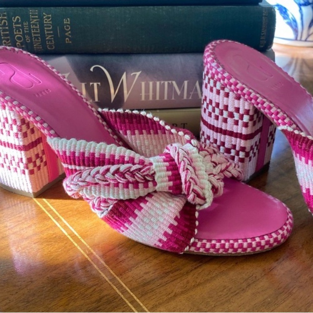 Pink Woven Knot Block Heel Sandals